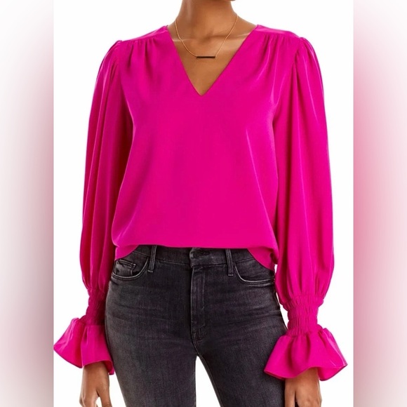 Carmen Marc Valvo V-neck Puff Ruffled Balloon Sleeve Blouse Peasant Lightweight - Picture 7 of 7